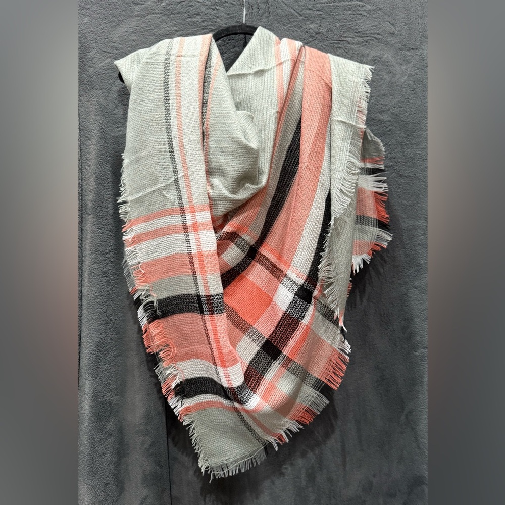 Striped Fringe Shawl in Coral and Gray